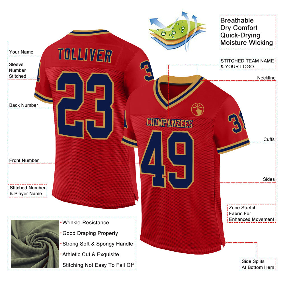 Custom Red Navy-Old Gold Mesh Authentic Throwback Football Jersey - Sky-Custom
