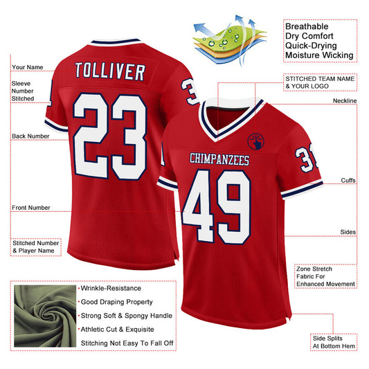 Custom Red White-Navy Mesh Authentic Throwback Football Jersey - Sky-Custom