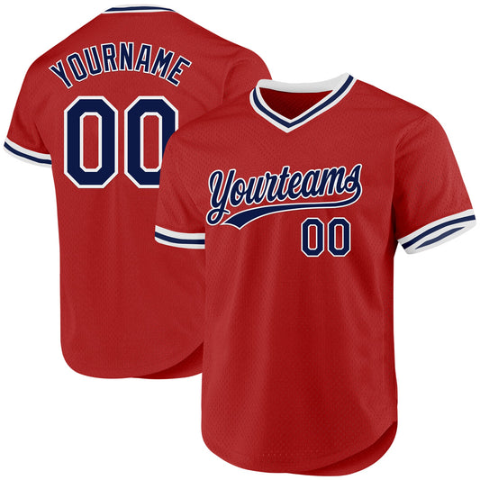 Custom Red Navy-White Authentic Throwback Baseball Jersey - Sky-Custom