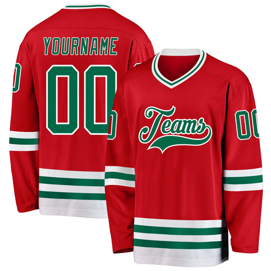 Custom Red Kelly Green-White Hockey Jersey - Sky-Custom