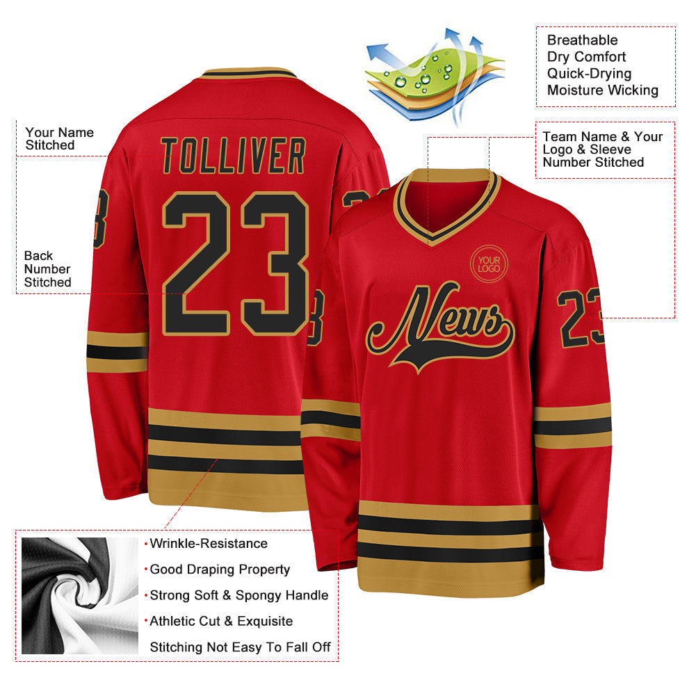 Custom Red Black-Old Gold Hockey Jersey - Sky-Custom