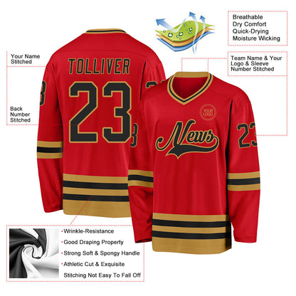 Custom Red Black-Old Gold Hockey Jersey - Sky-Custom