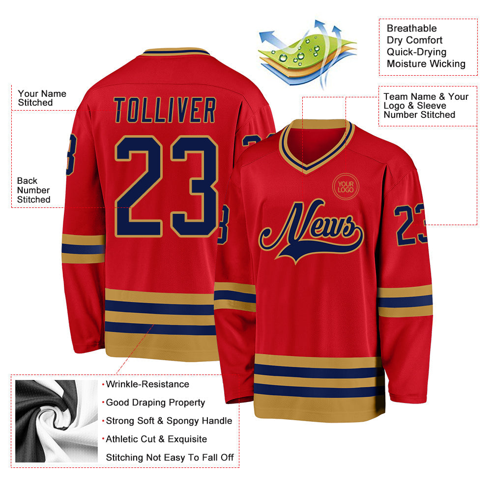 Custom Red Navy-Old Gold Hockey Jersey - Sky-Custom