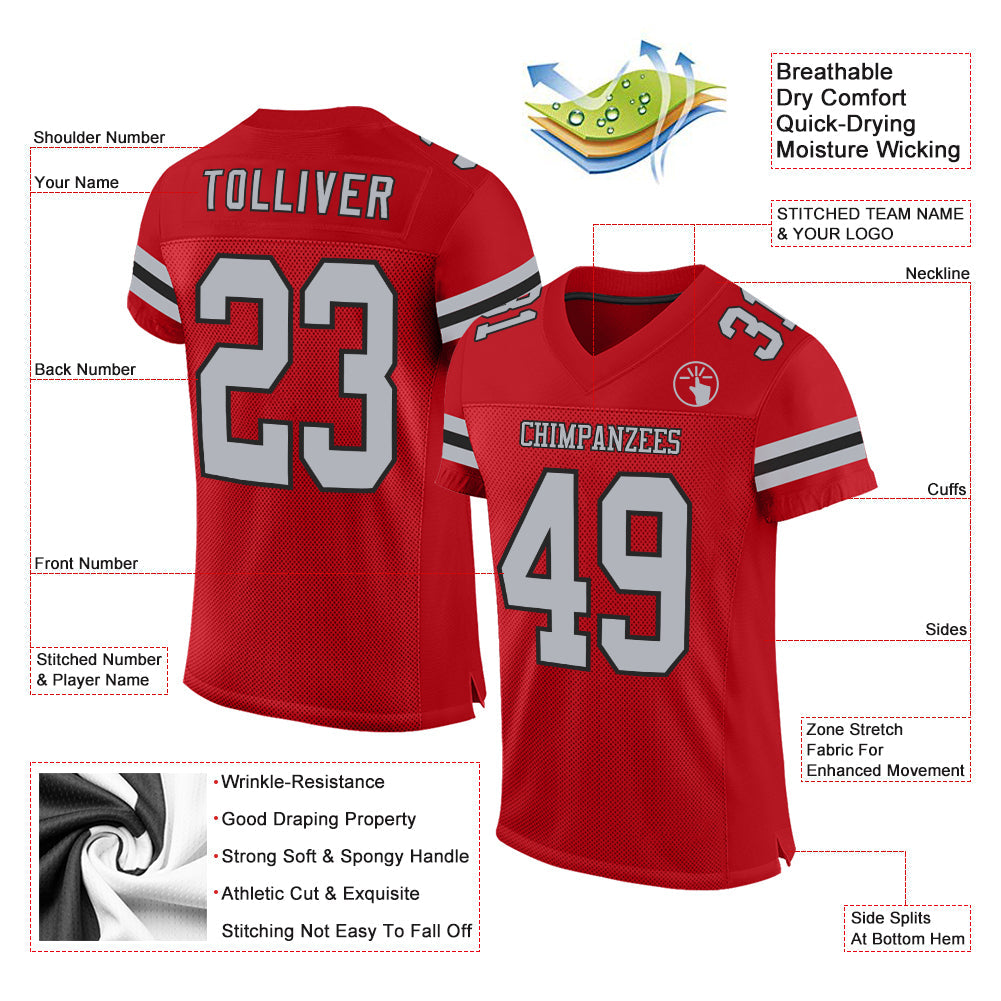Custom Red Gray-Black Mesh Authentic Football Jersey - Sky-Custom
