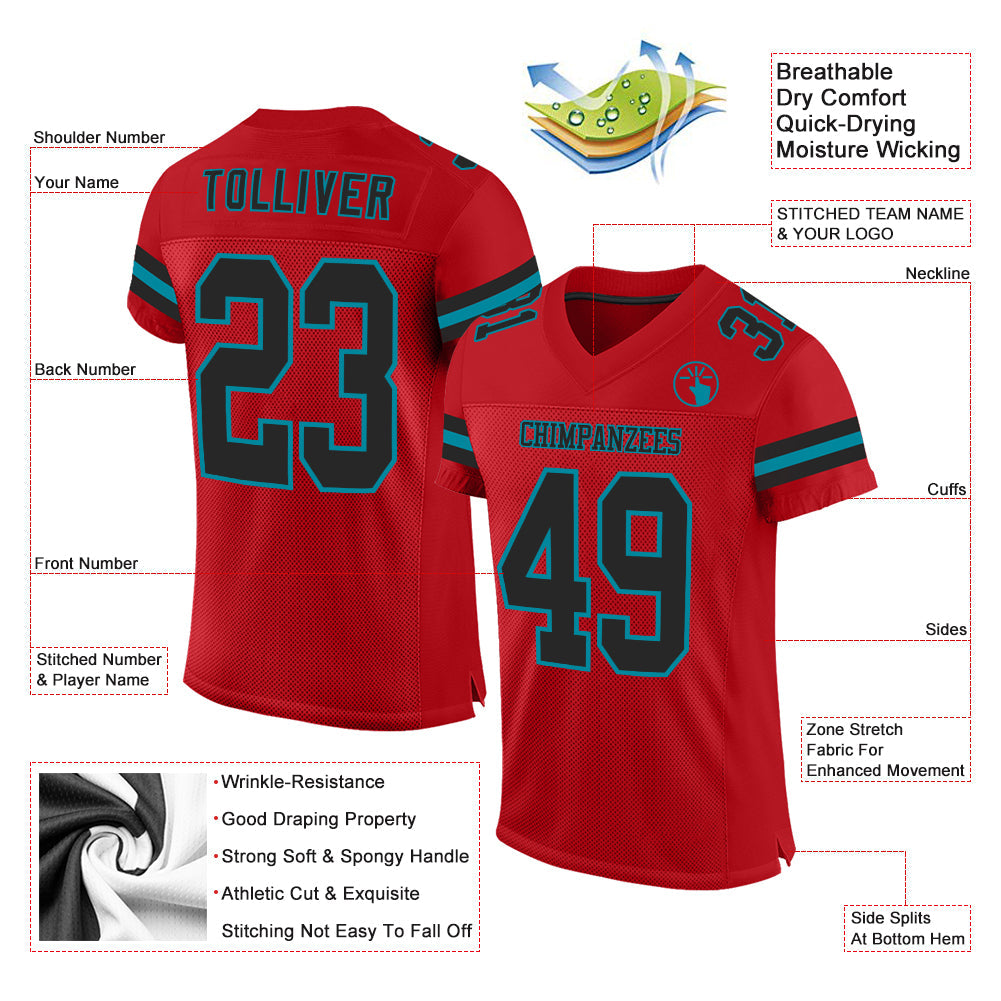 Custom Red Black-Teal Mesh Authentic Football Jersey - Sky-Custom