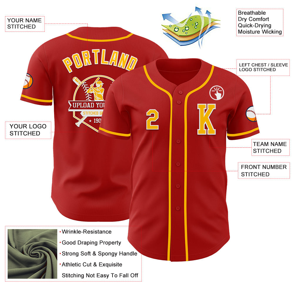 Custom Red Gold-White Authentic Baseball Jersey - Sky-Custom