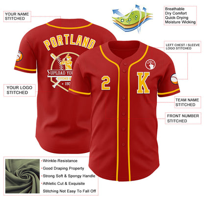 Custom Red Gold-White Authentic Baseball Jersey - Sky-Custom