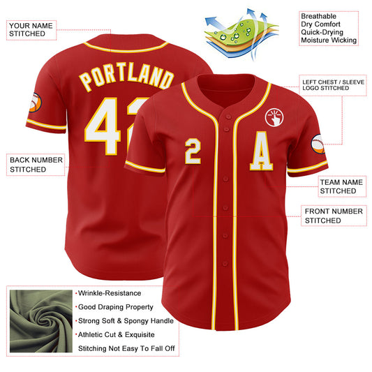 Custom Red White-Yellow Authentic Baseball Jersey - Sky-Custom