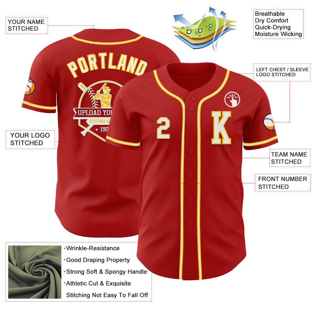 Custom Red White-Yellow Authentic Baseball Jersey - Sky-Custom