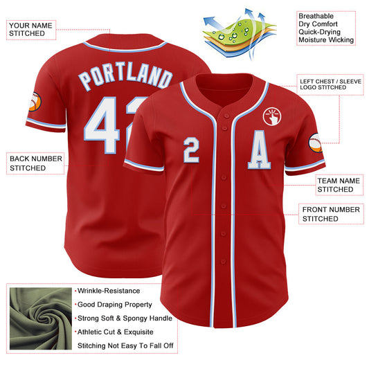 Custom Red White-Light Blue Authentic Baseball Jersey - Sky-Custom