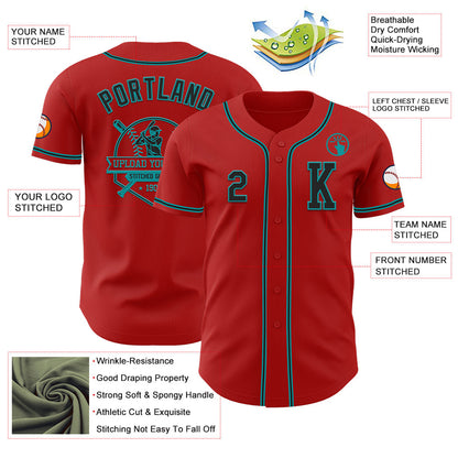 Custom Red Black-Teal Authentic Baseball Jersey - Sky-Custom