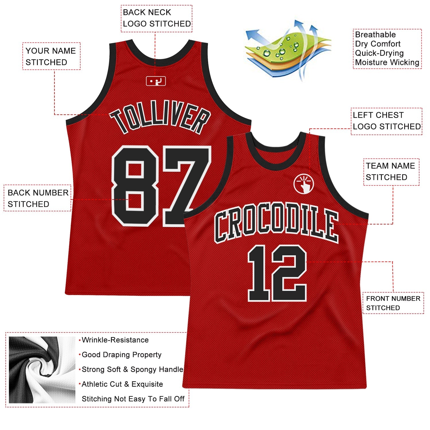 Custom Red Black-White Authentic Throwback Basketball Jersey - Sky-Custom