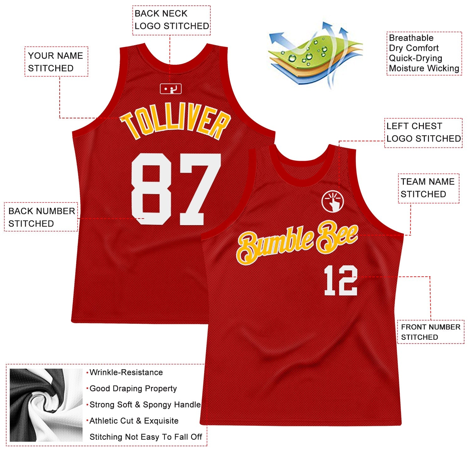 Custom Red White-Gold Authentic Throwback Basketball Jersey - Sky-Custom