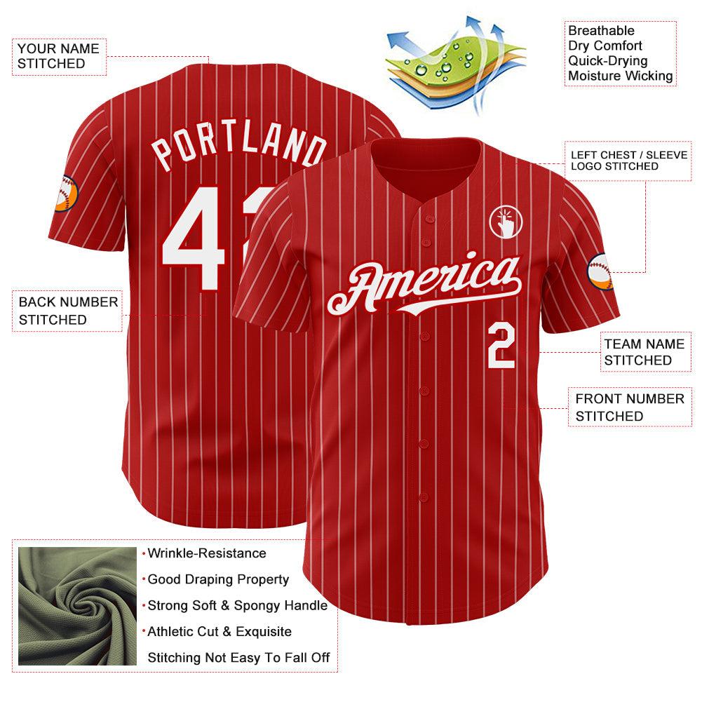 Custom Red White Pinstripe White Authentic Baseball Jersey - Sky-Custom