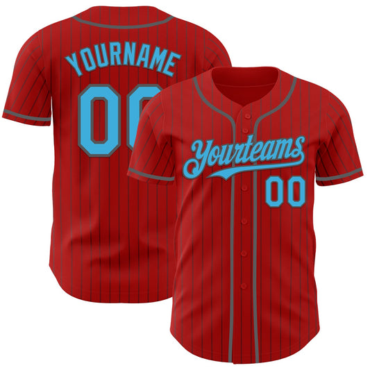 Custom Red Steel Gray Pinstripe Sky Blue Authentic Baseball Jersey - Sky-Custom