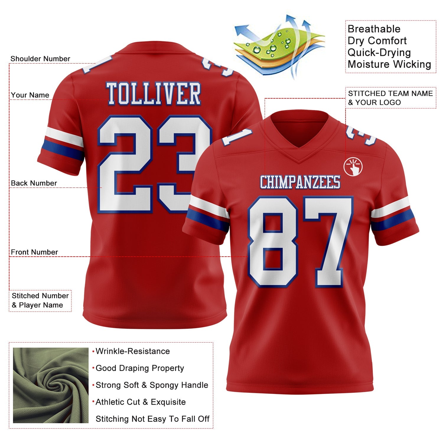 Custom Red White-Royal Mesh Authentic Football Jersey - Sky-Custom