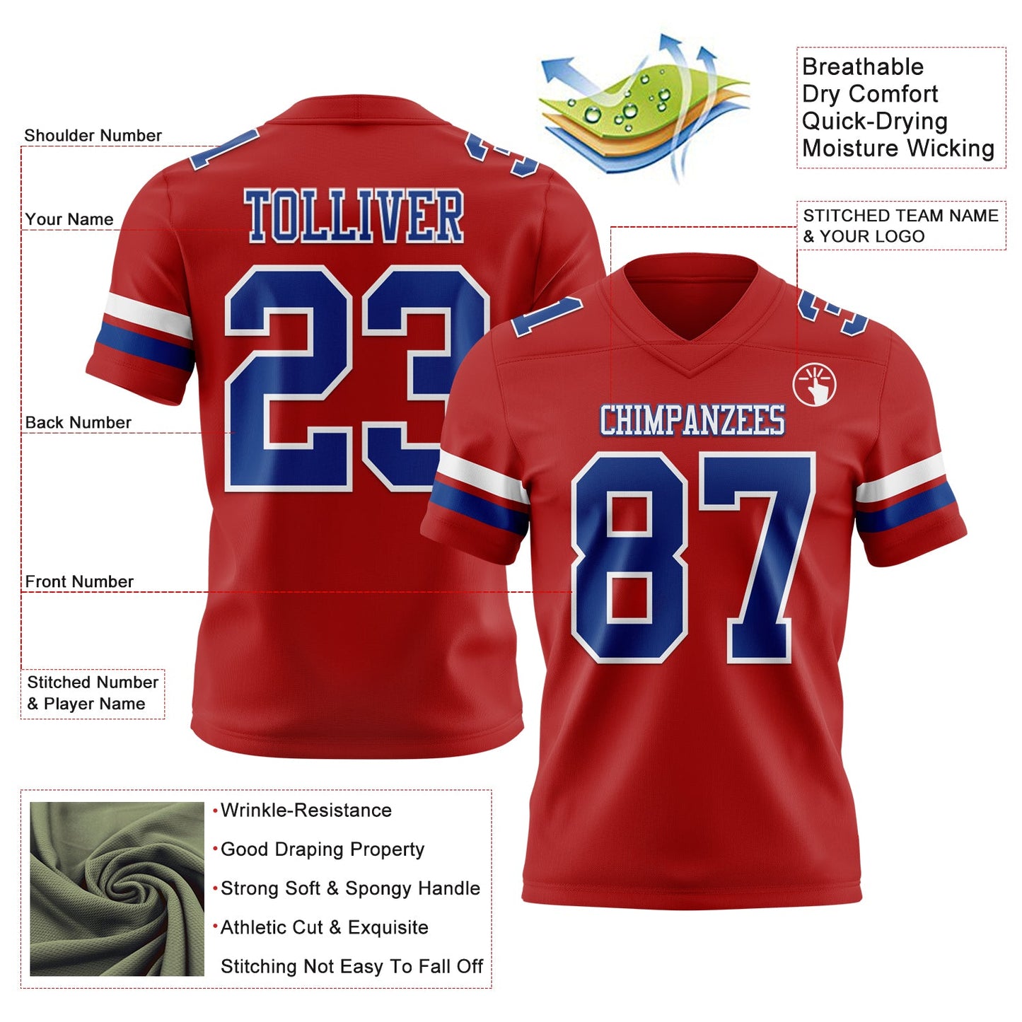 Custom Red Royal-White Mesh Authentic Football Jersey - Sky-Custom