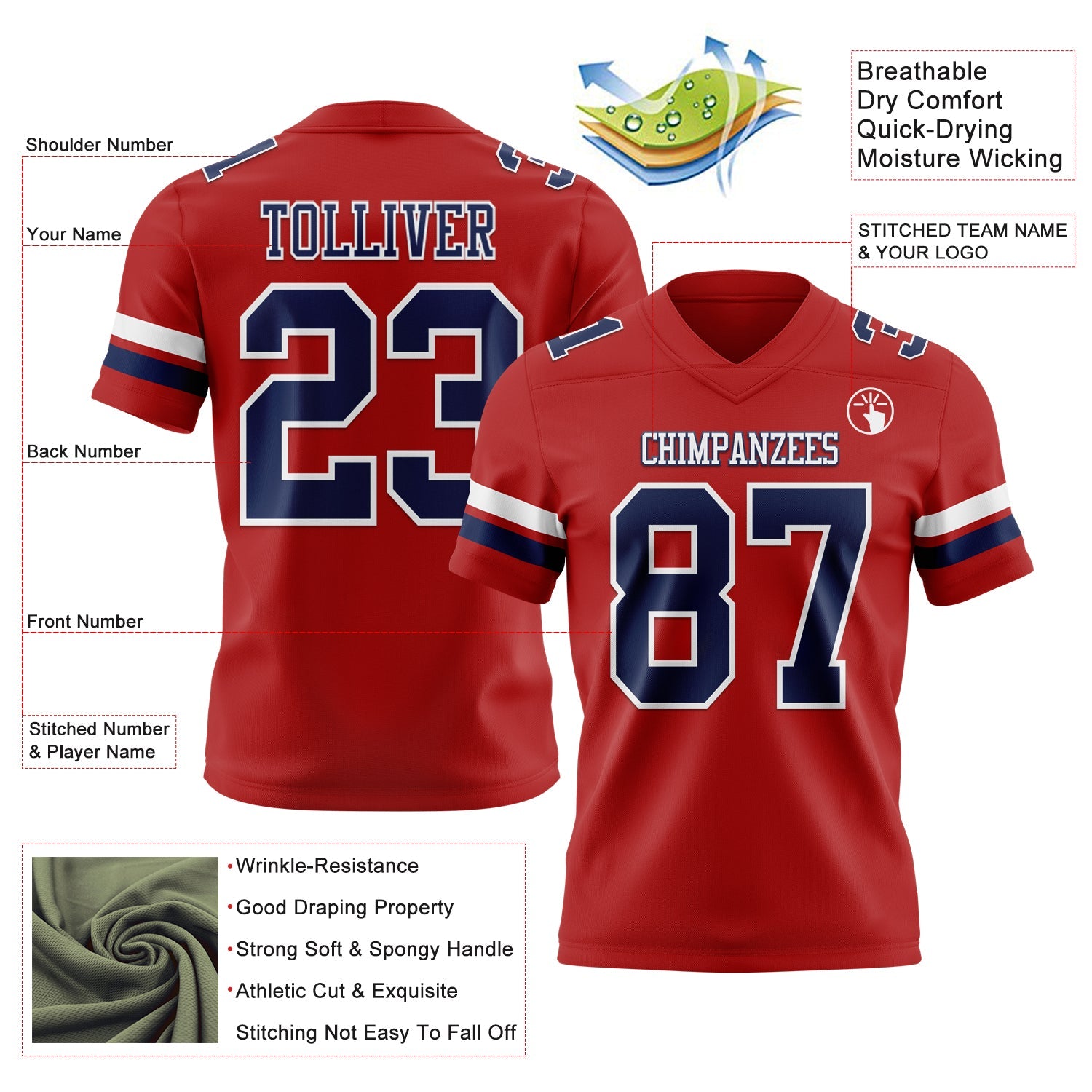 Custom Red Navy-White Mesh Authentic Football Jersey - Sky-Custom