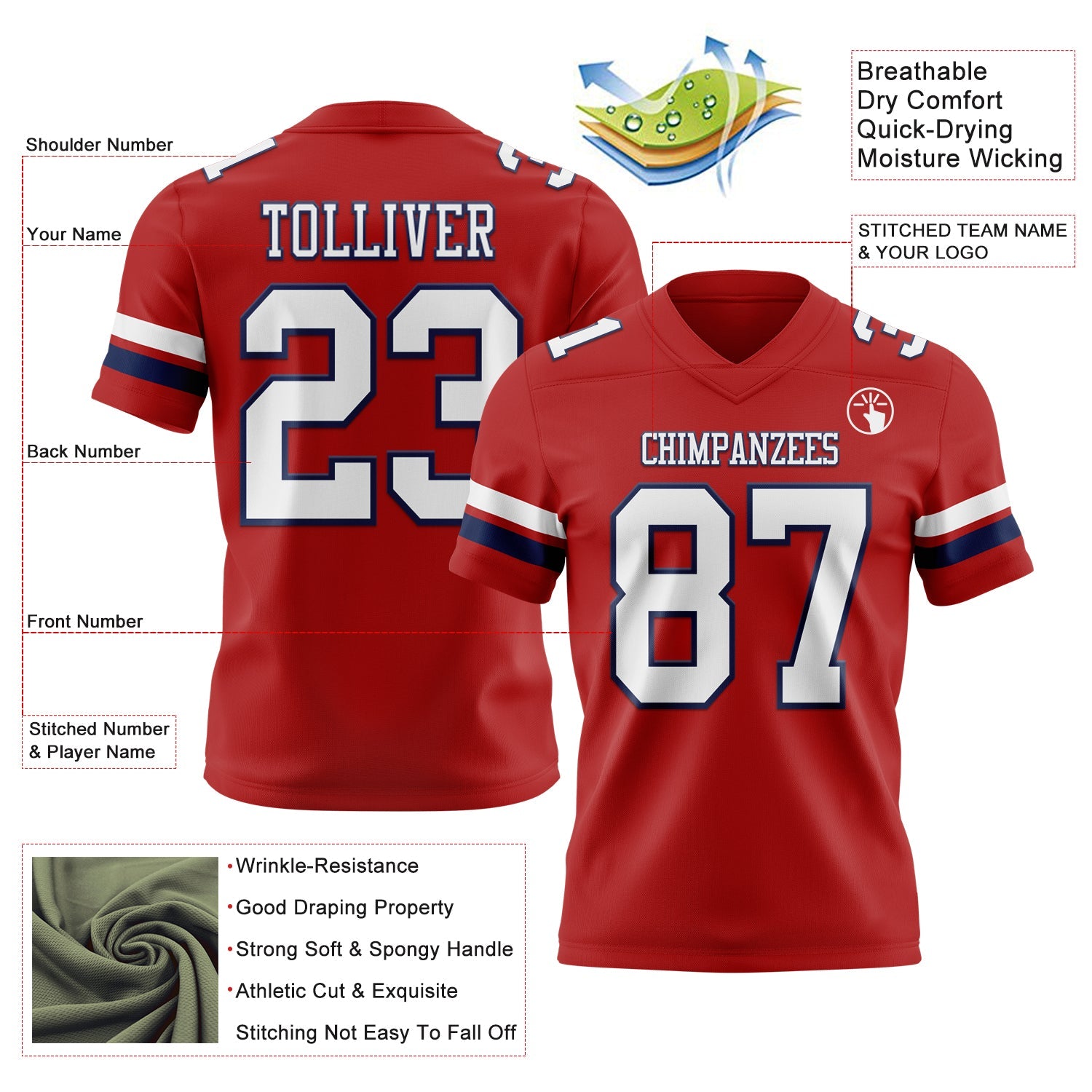 Custom Red White-Navy Mesh Authentic Football Jersey - Sky-Custom