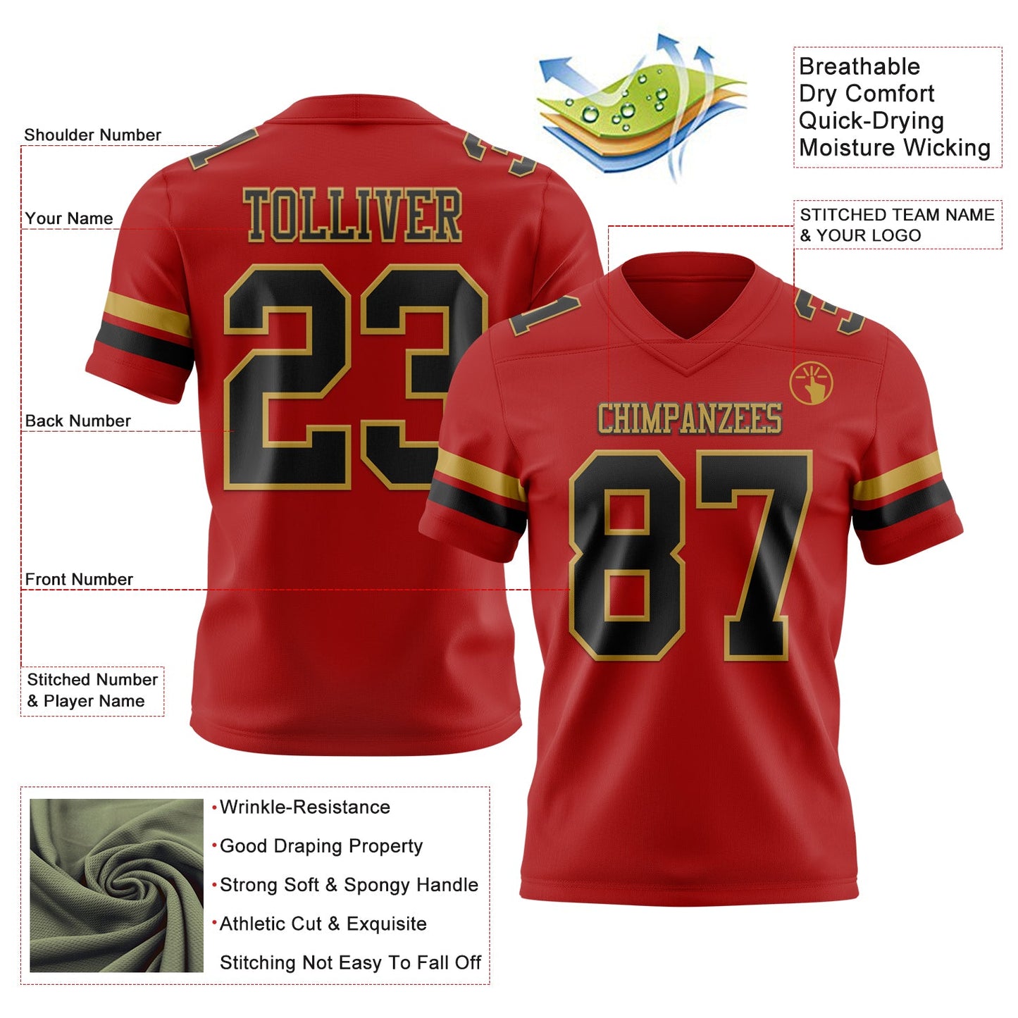 Custom Red Black-Old Gold Mesh Authentic Football Jersey - Sky-Custom