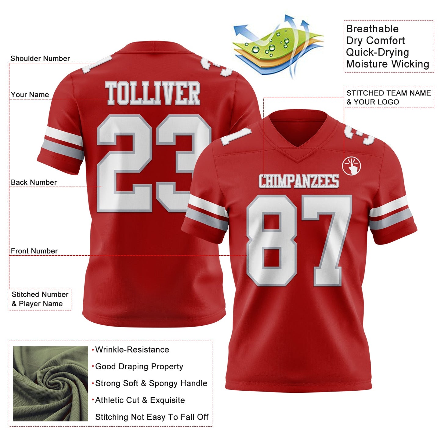Custom Red White-Gray Mesh Authentic Football Jersey - Sky-Custom