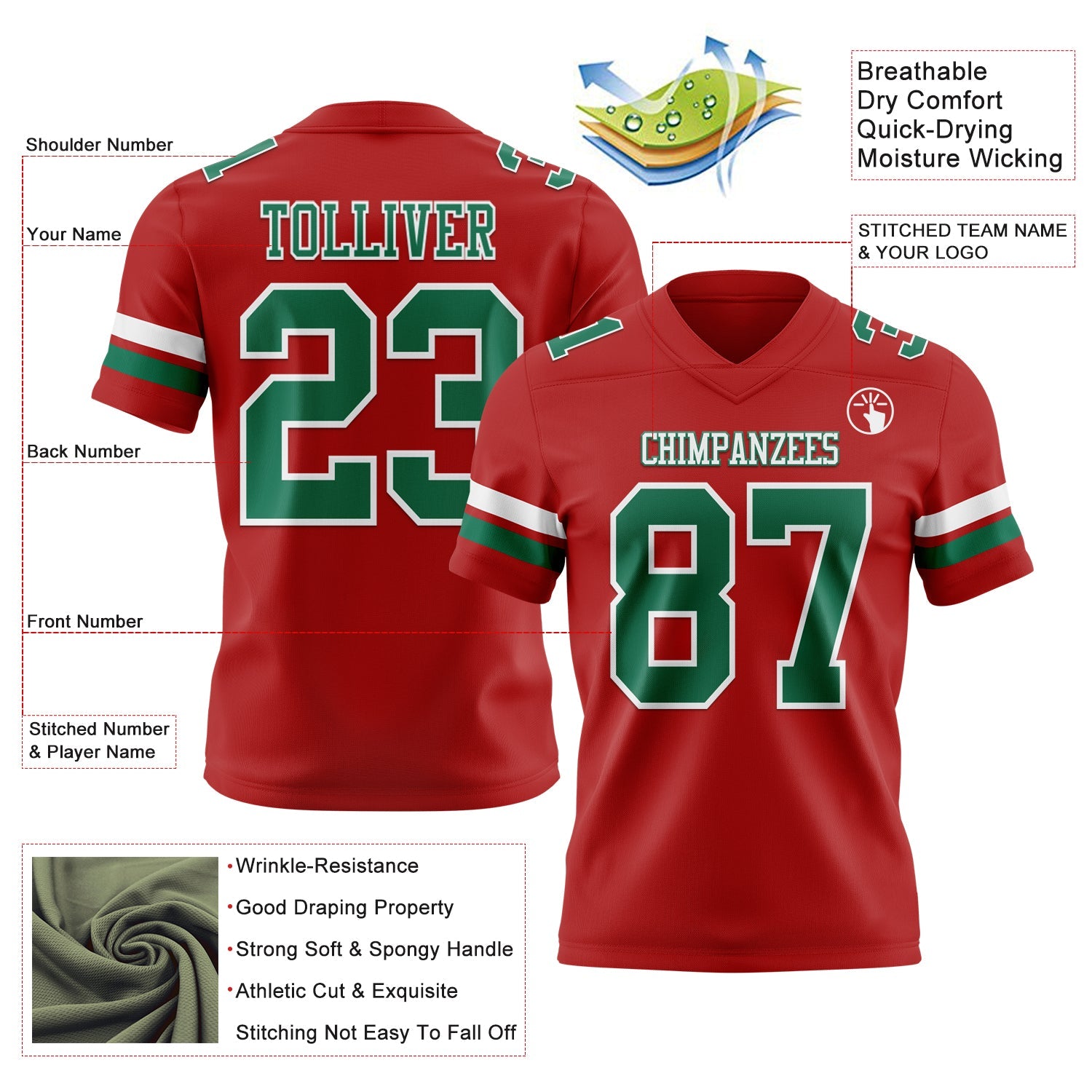 Custom Red Kelly Green-White Mesh Authentic Football Jersey - Sky-Custom