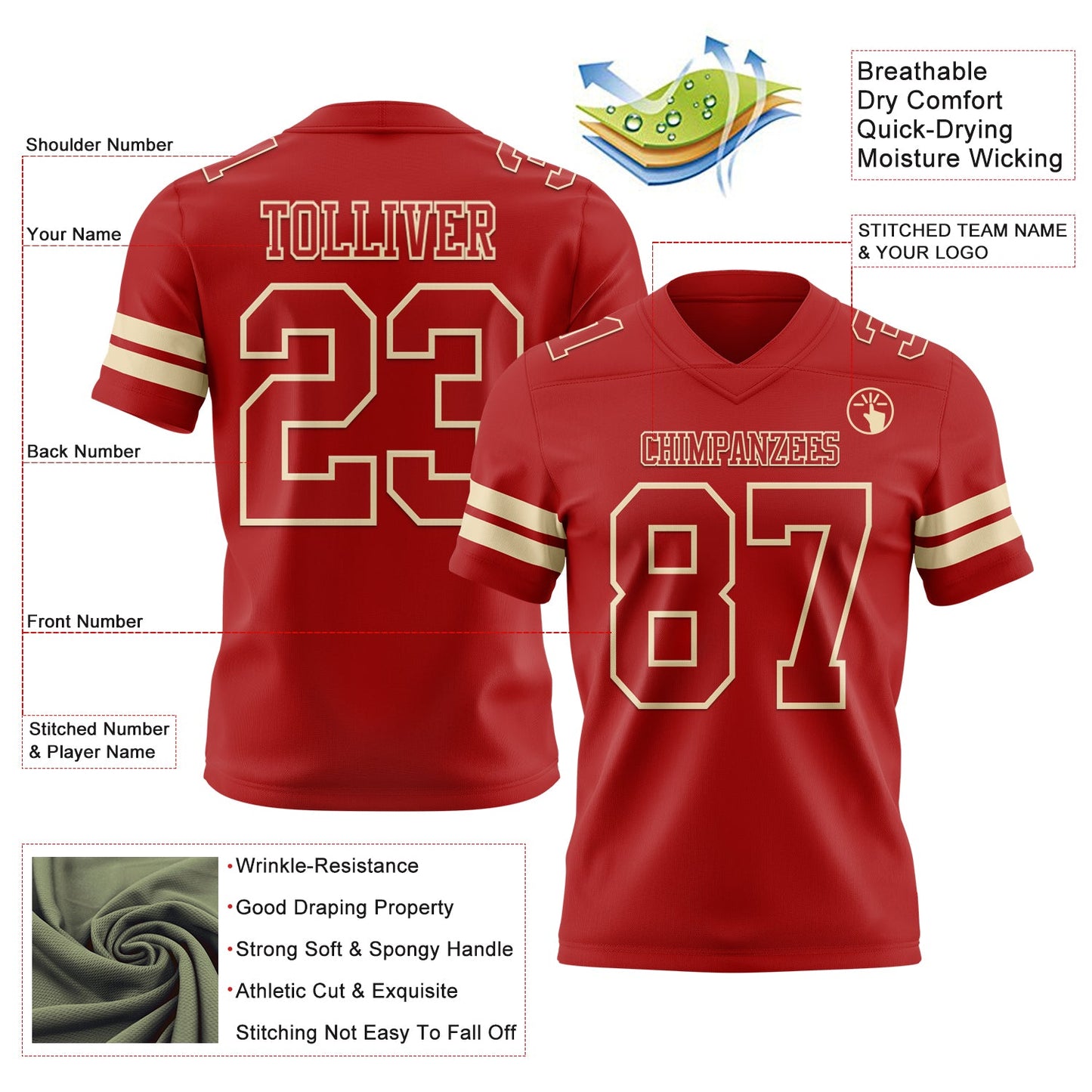 Custom Red Cream Mesh Authentic Football Jersey - Sky-Custom