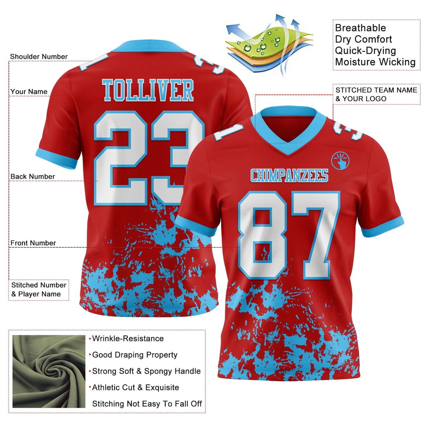 Custom Red White-Sky Blue Splash Mesh Authentic Football Jersey - Sky-Custom