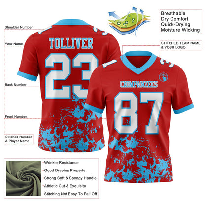 Custom Red White-Sky Blue Splash Mesh Authentic Football Jersey - Sky-Custom