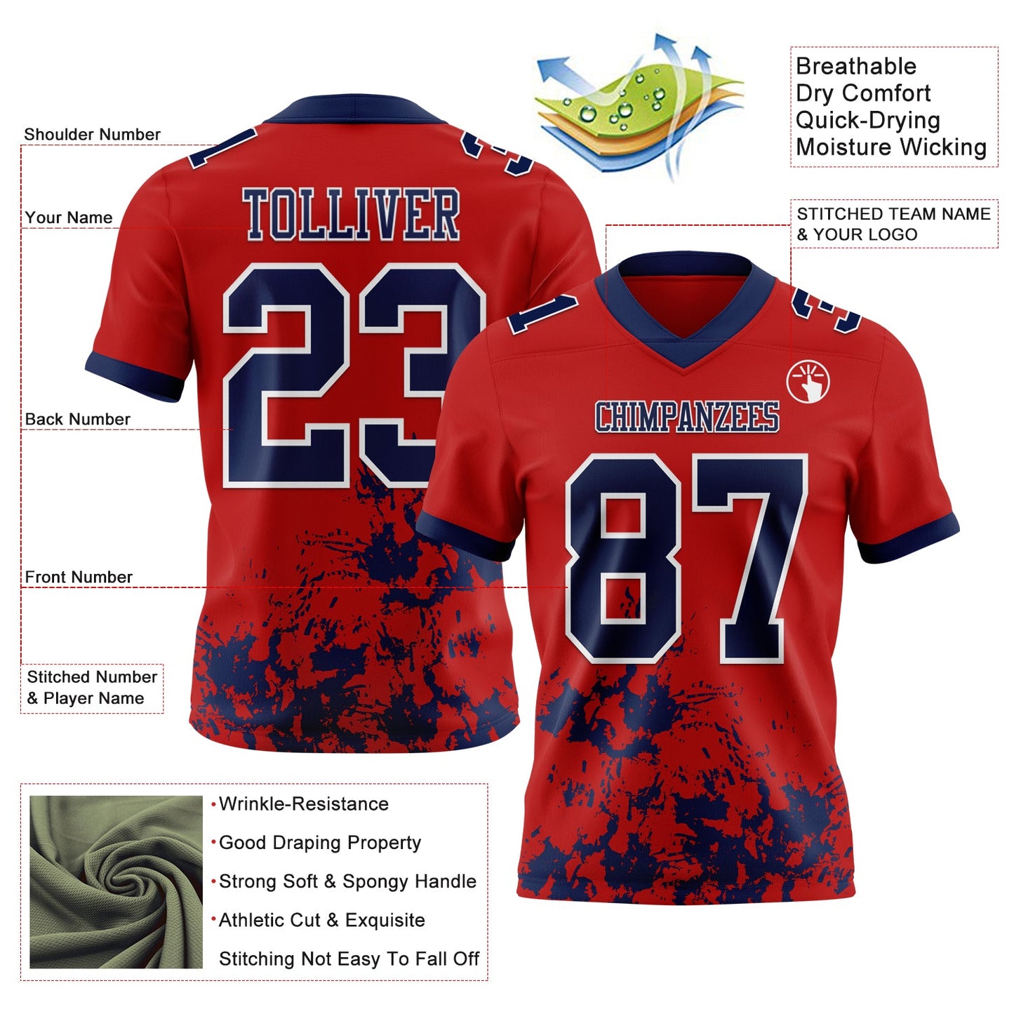 Custom Red Navy-White Splash Mesh Authentic Football Jersey - Sky-Custom