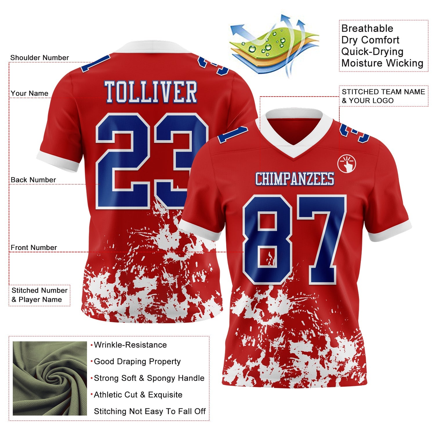 Custom Red Royal-White Splash Mesh Authentic Football Jersey - Sky-Custom
