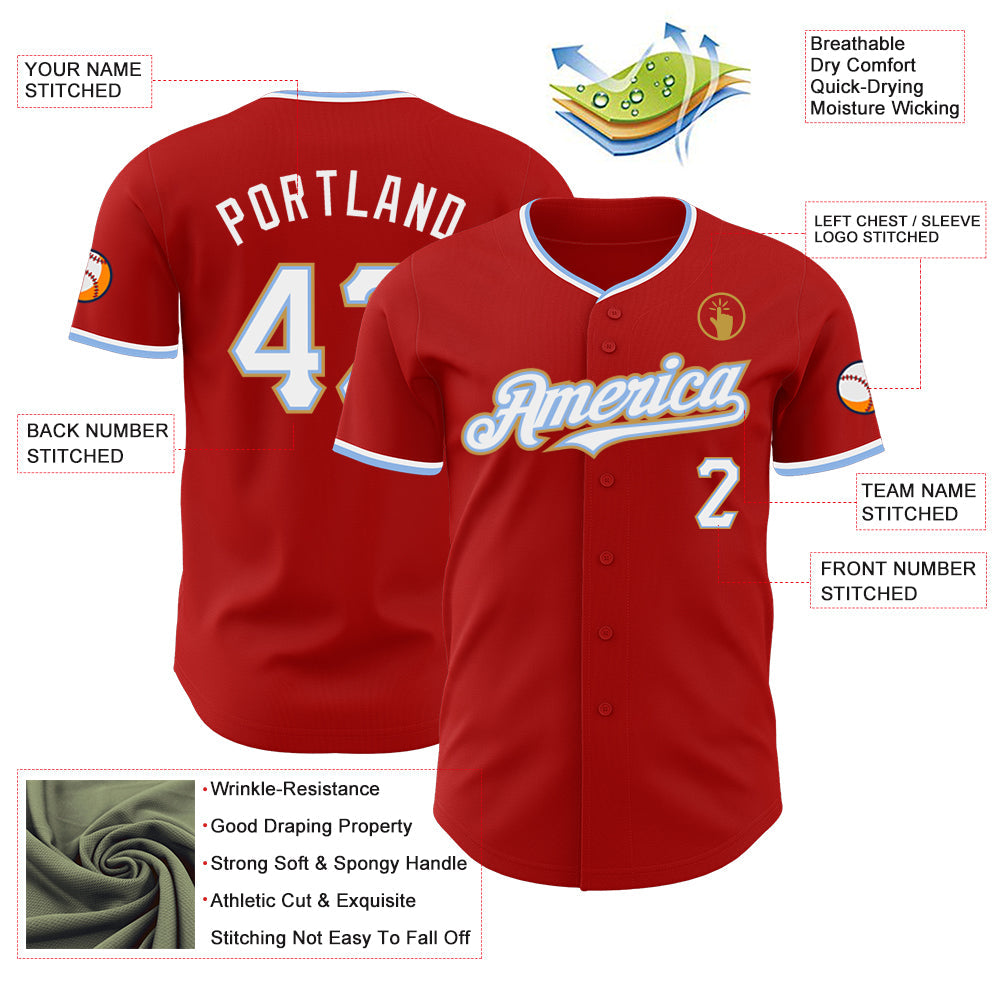 Custom Red White Light Blue-Old Gold Authentic Baseball Jersey - Sky-Custom