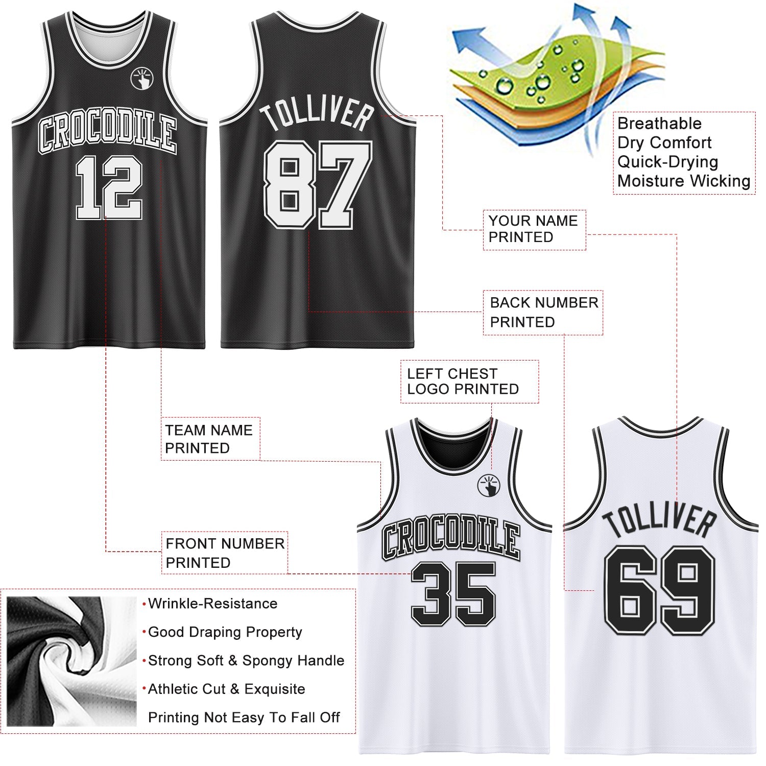 Custom Reversible Black White Double Side Sublimation Basketball Suit Jersey - Sky-Custom
