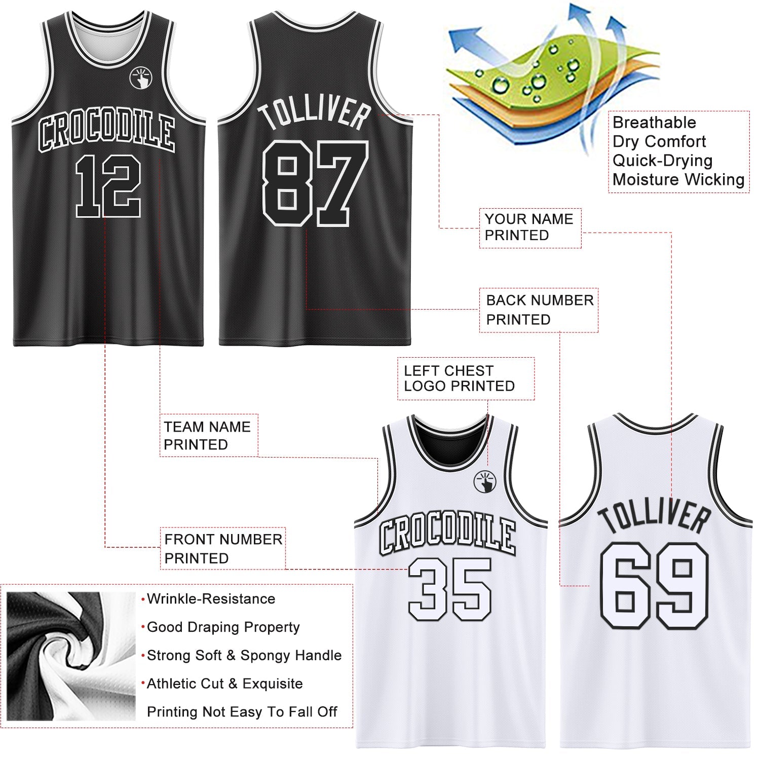 Custom Reversible Black White Double Side Sublimation Basketball Suit Jersey - Sky-Custom