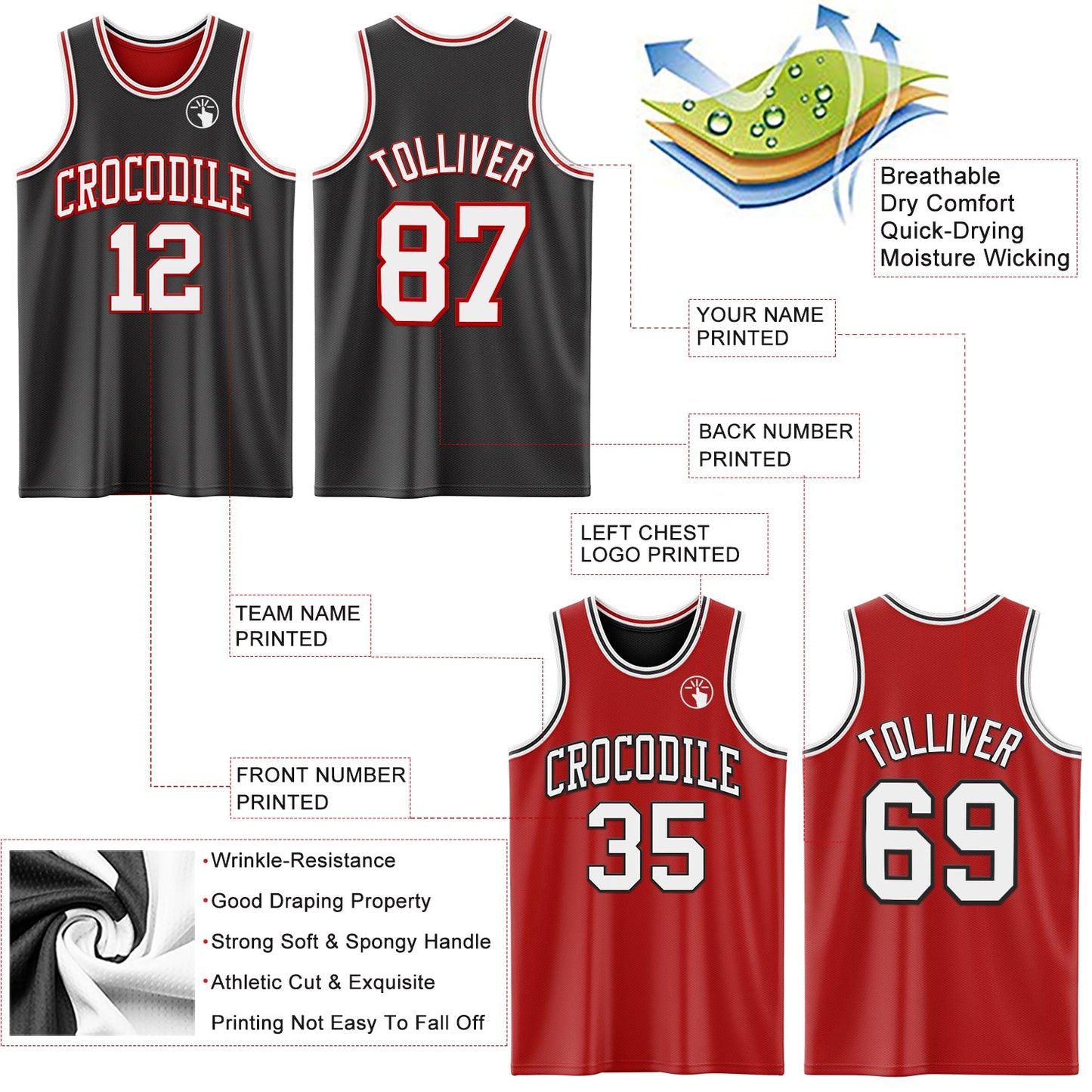 Custom Reversible Black White-Red Double Side Sublimation Basketball Suit Jersey - Sky-Custom