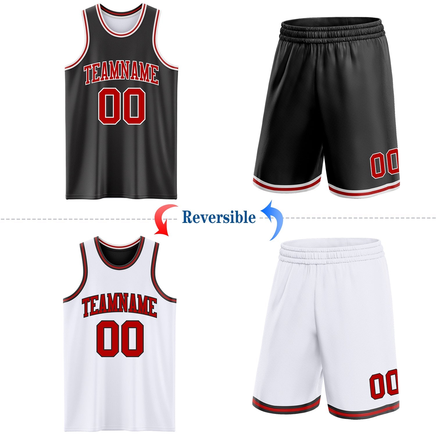 Custom Reversible Black Red-White Double Side Sublimation Basketball Suit Jersey - Sky-Custom