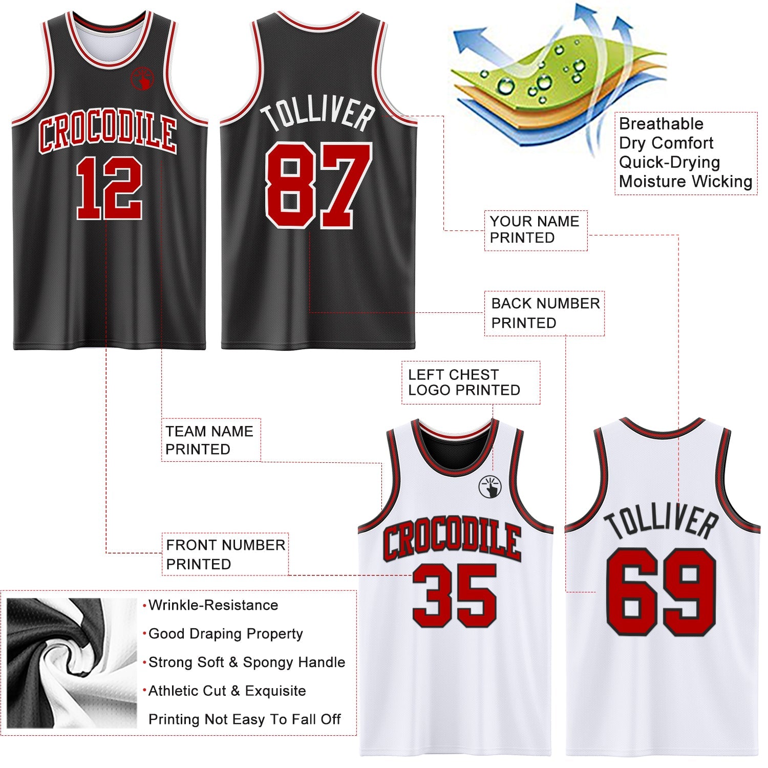 Custom Reversible Black Red-White Double Side Sublimation Basketball Suit Jersey - Sky-Custom