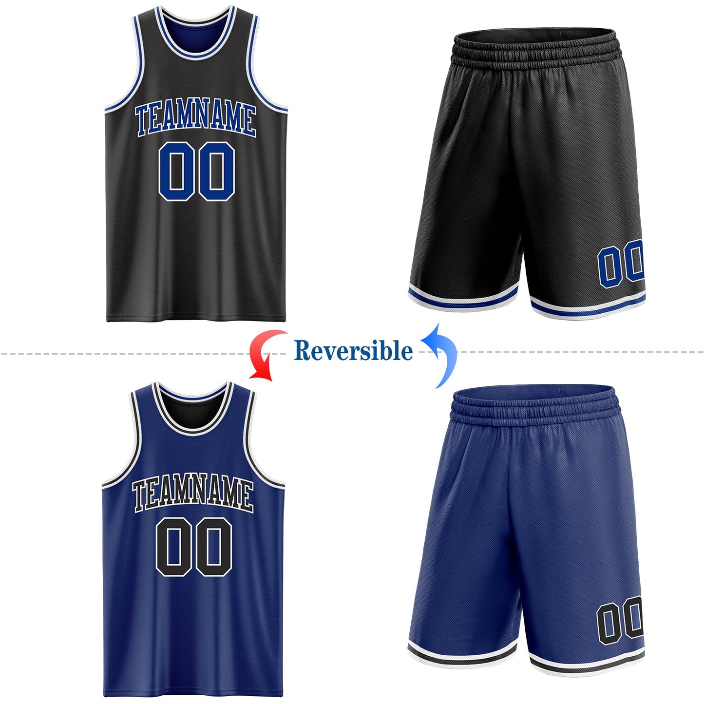 Custom Reversible Black Royal-White Double Side Sublimation Basketball Suit Jersey - Sky-Custom