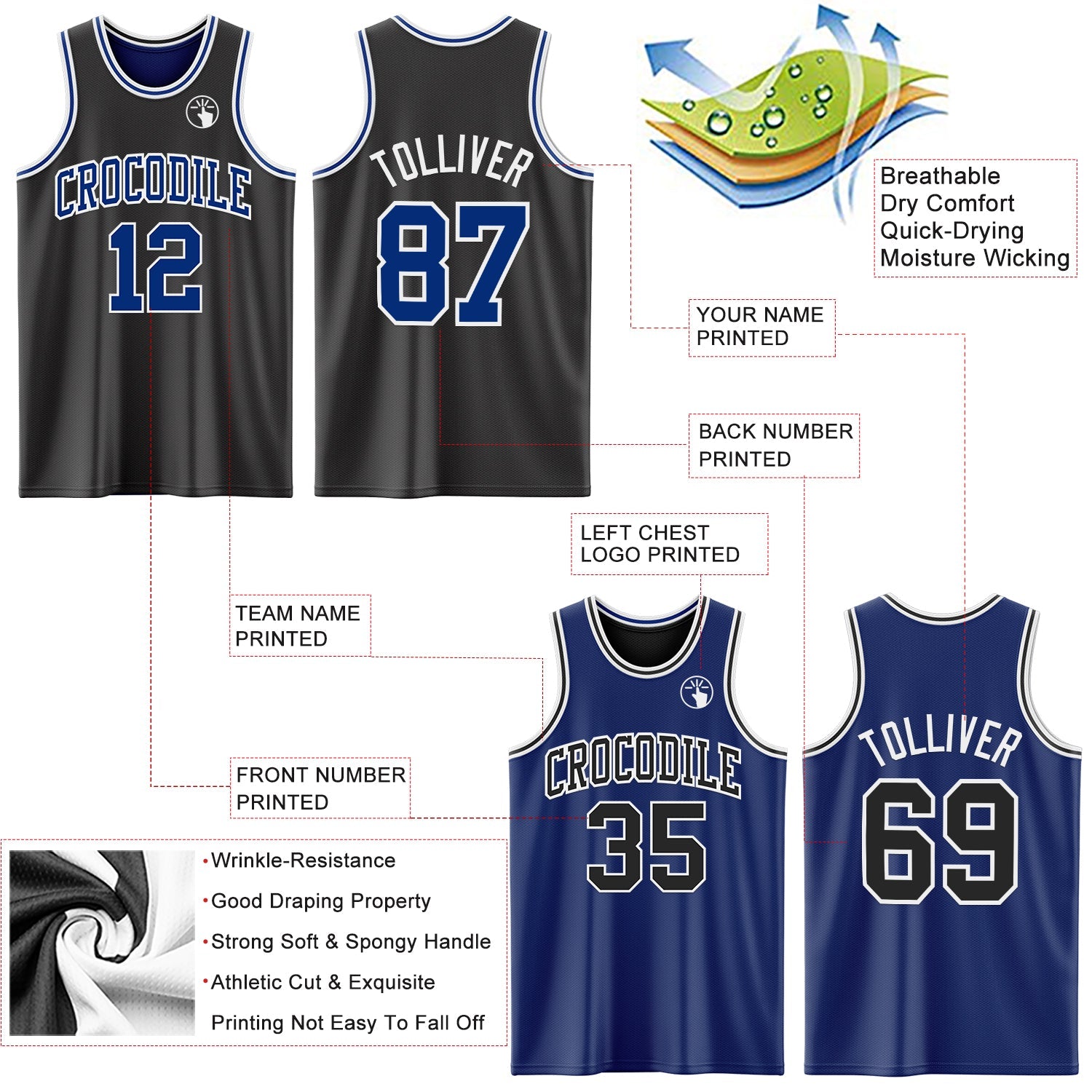Custom Reversible Black Royal-White Double Side Sublimation Basketball Suit Jersey - Sky-Custom