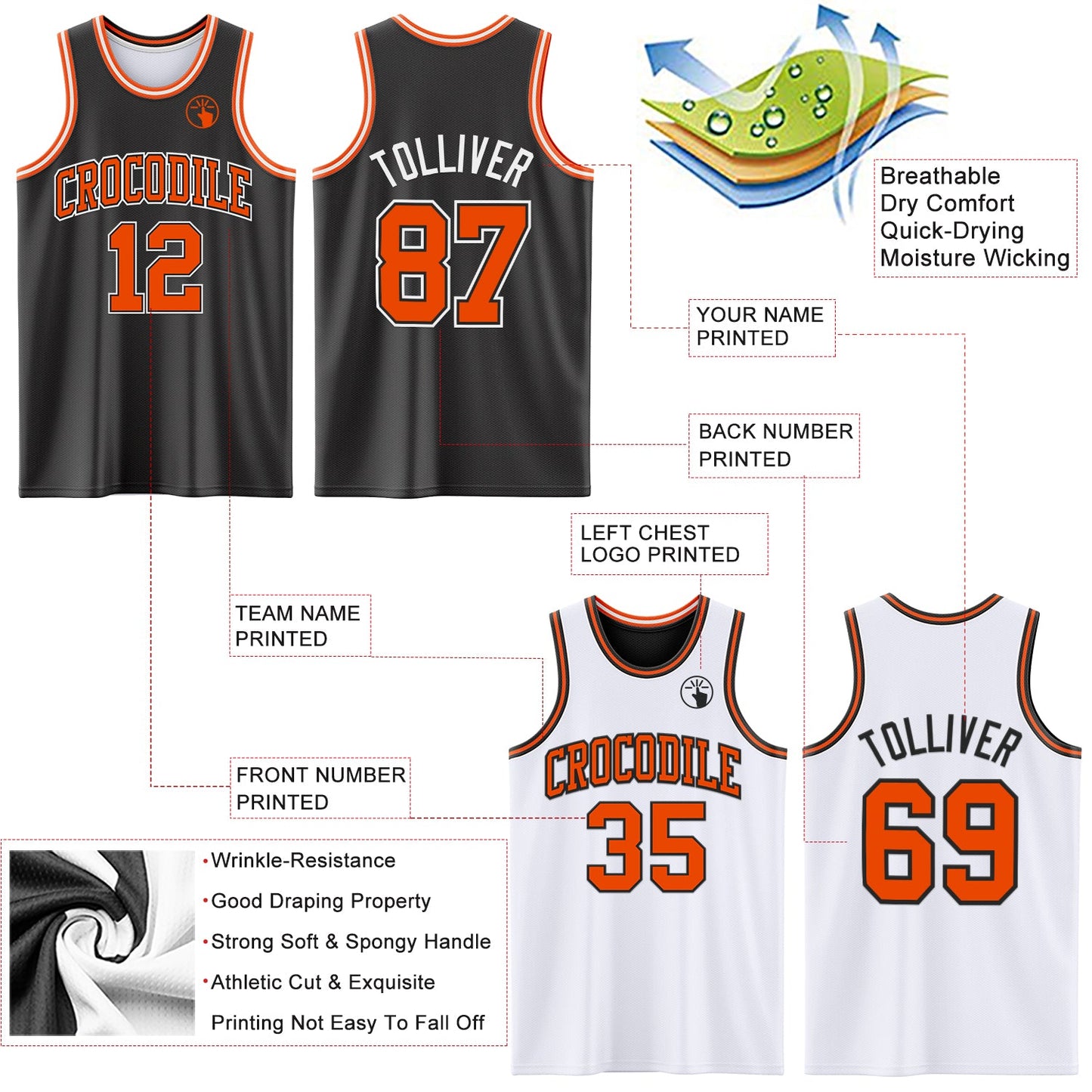 Custom Reversible Black Orange-White Double Side Sublimation Basketball Suit Jersey - Sky-Custom