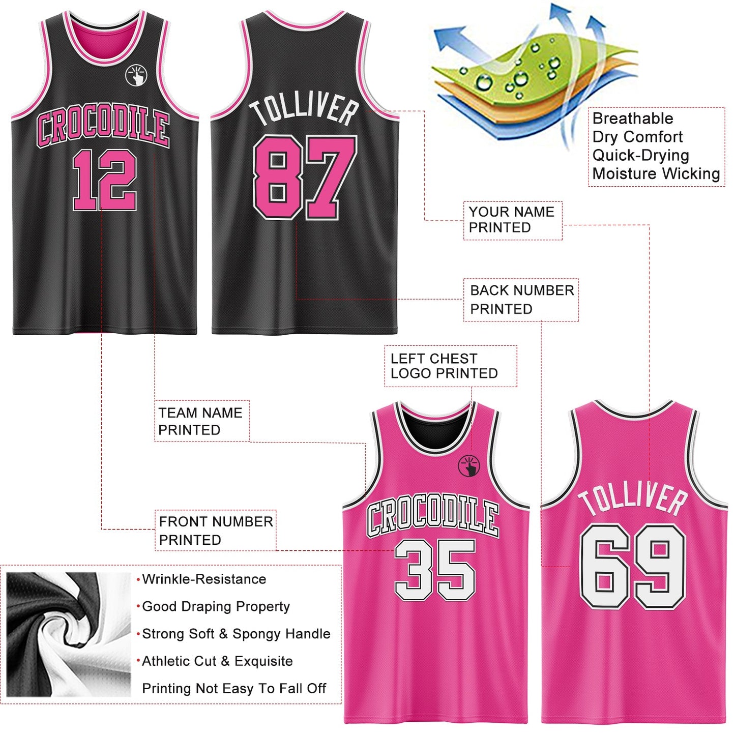 Custom Reversible Black Pink-White Double Side Sublimation Basketball Suit Jersey - Sky-Custom