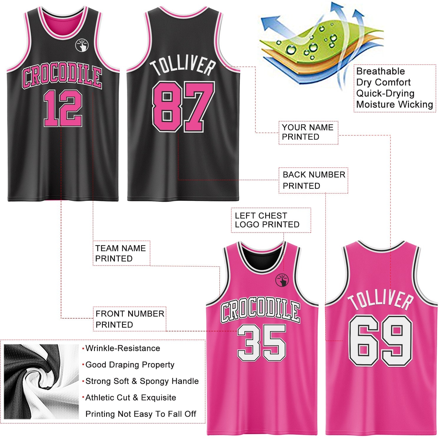 Custom Reversible Black Pink-White Double Side Sublimation Basketball Suit Jersey - Sky-Custom