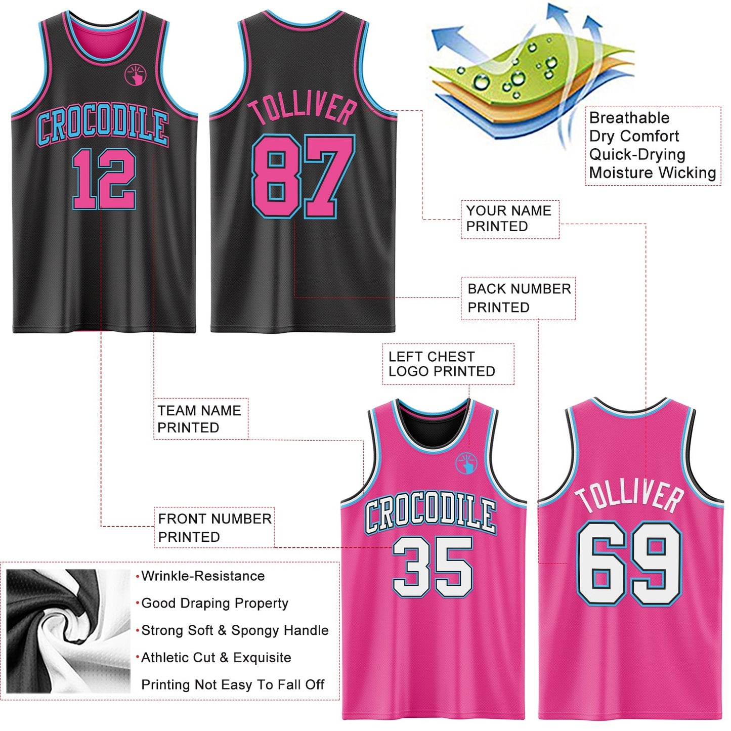 Custom Reversible Black Pink-Sky Blue Double Side Sublimation Basketball Suit Jersey - Sky-Custom