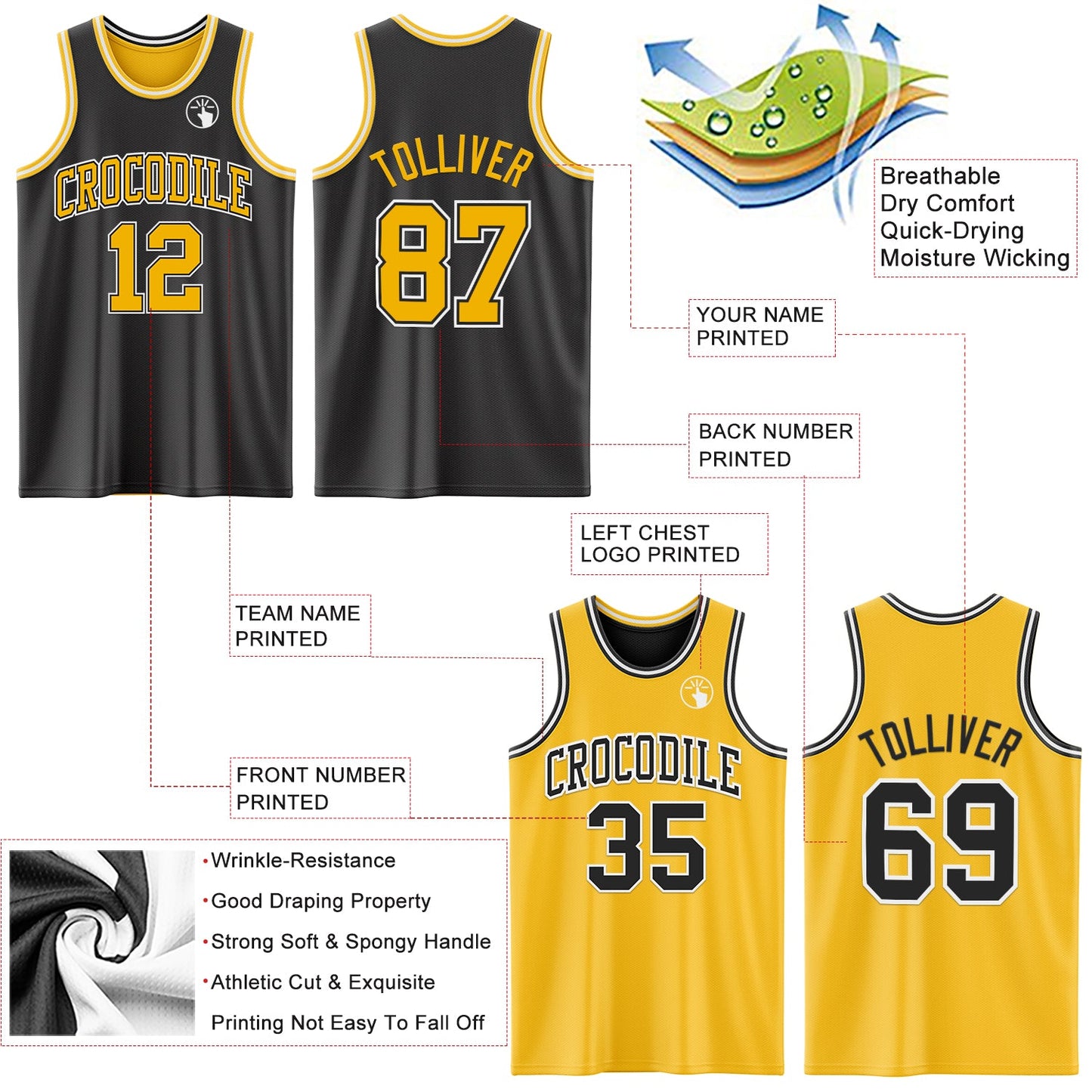 Custom Reversible Black Gold-White Double Side Sublimation Basketball Suit Jersey - Sky-Custom