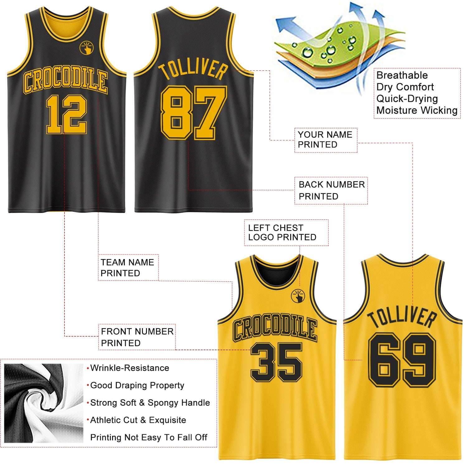 Custom Reversible Black Gold Double Side Sublimation Basketball Suit Jersey - Sky-Custom