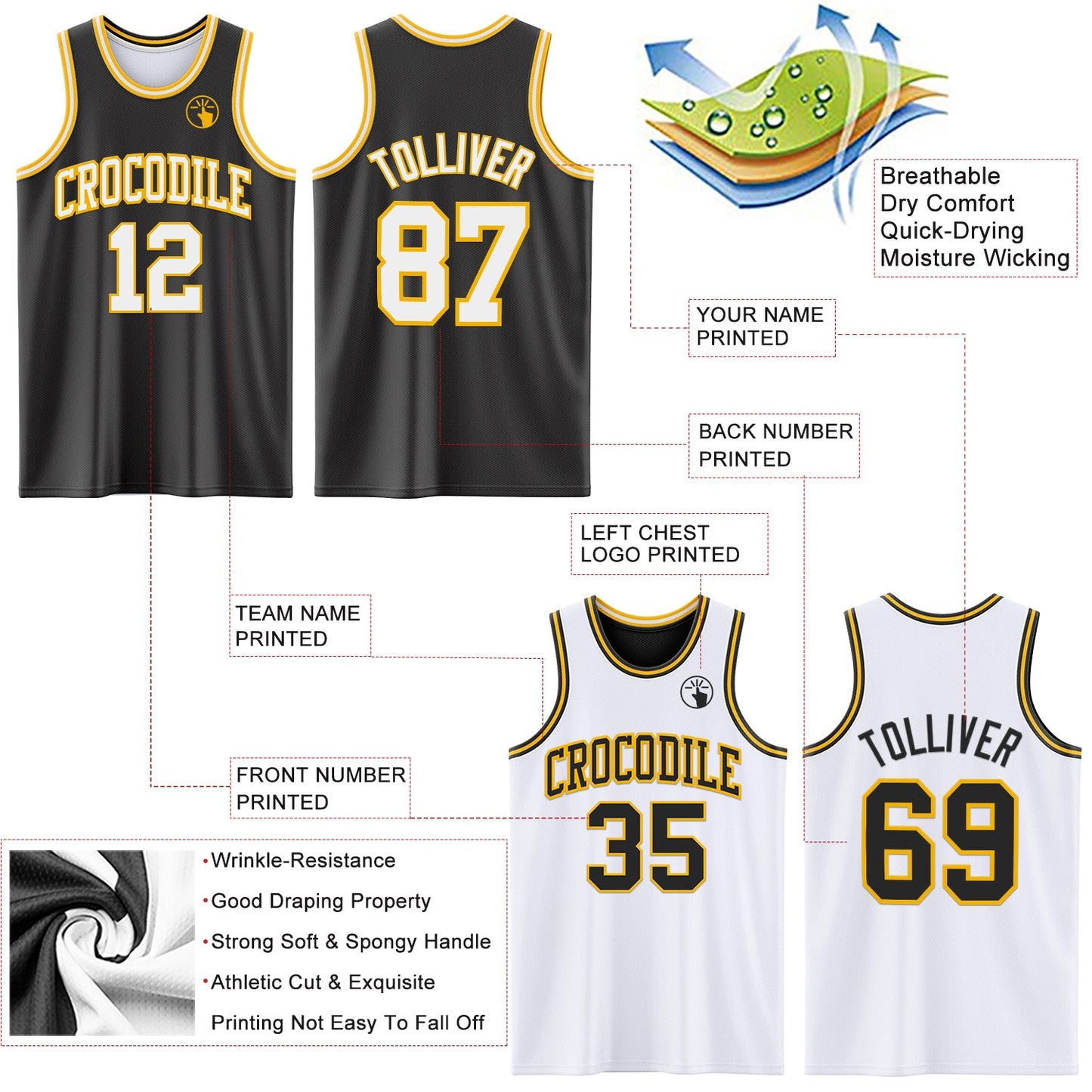 Custom Reversible Black White-Gold Double Side Sublimation Basketball Suit Jersey - Sky-Custom