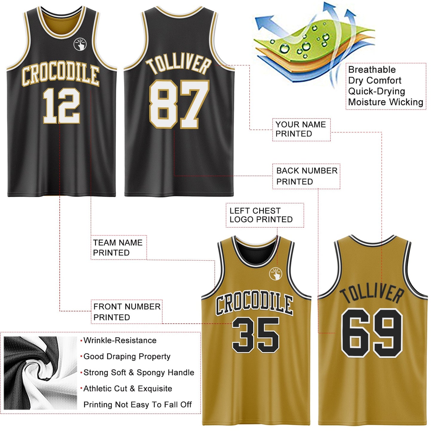 Custom Reversible Black White-Old Gold Double Side Sublimation Basketball Suit Jersey - Sky-Custom