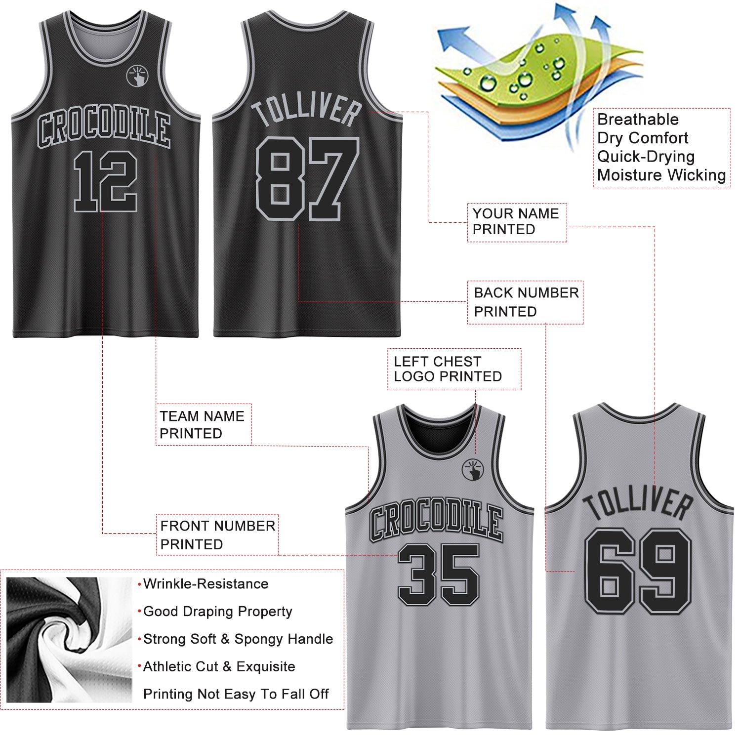 Custom Reversible Black Gray Double Side Sublimation Basketball Suit Jersey - Sky-Custom