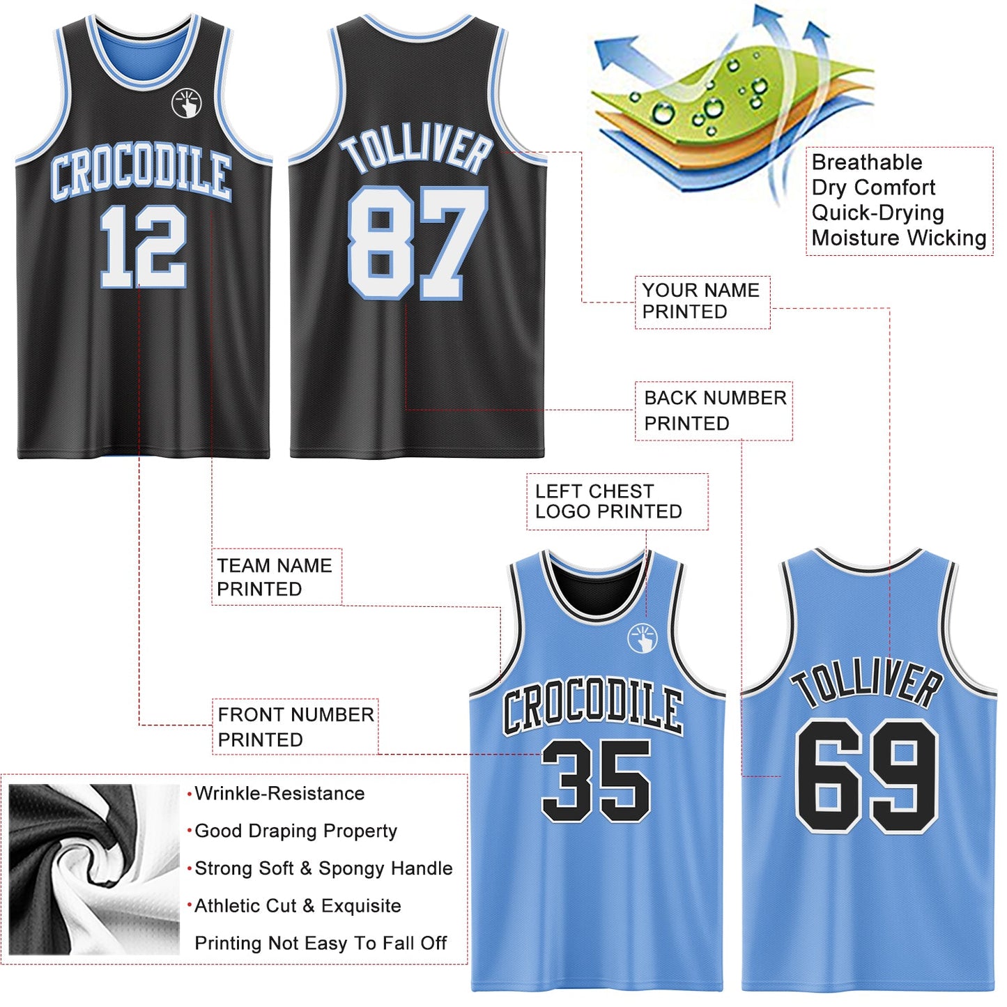 Custom Reversible Black White-Light Blue Double Side Sublimation Basketball Suit Jersey - Sky-Custom
