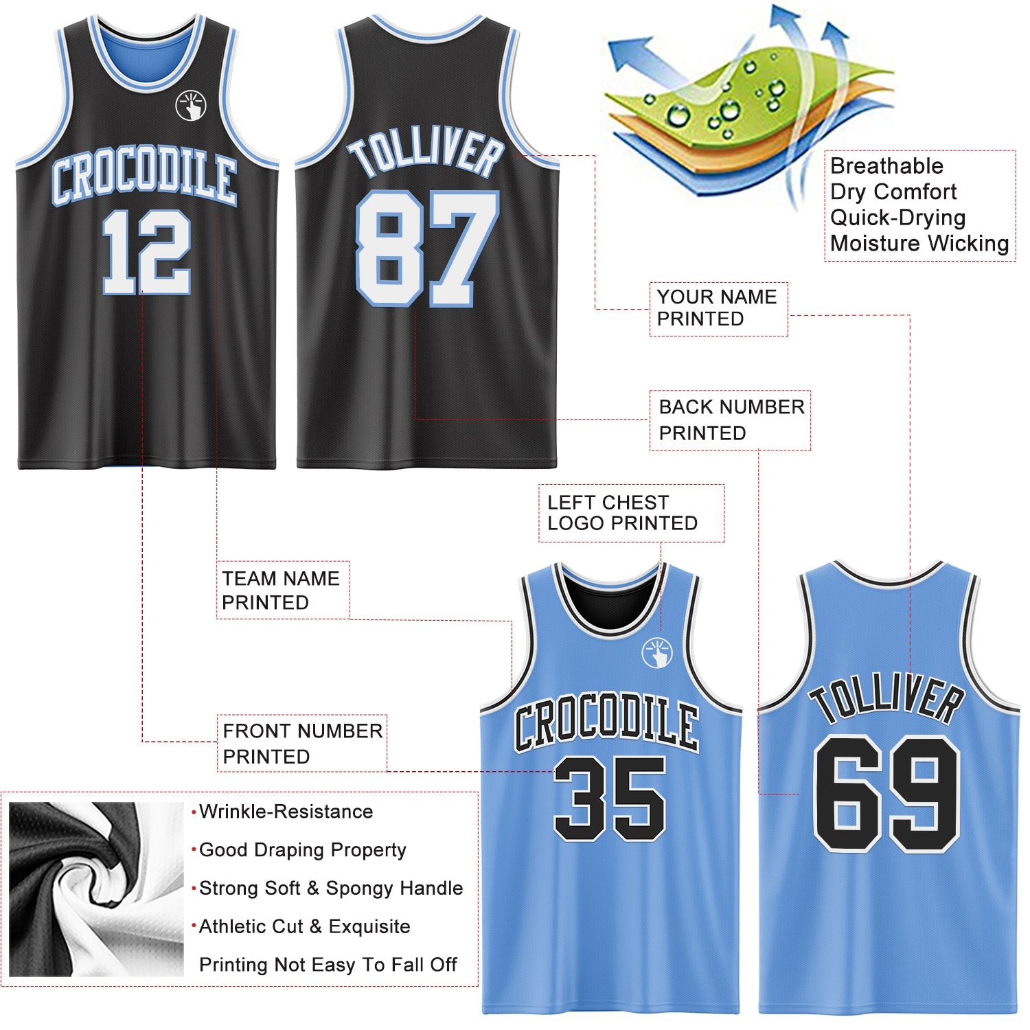 Custom Reversible Black White-Light Blue Double Side Sublimation Basketball Suit Jersey - Sky-Custom